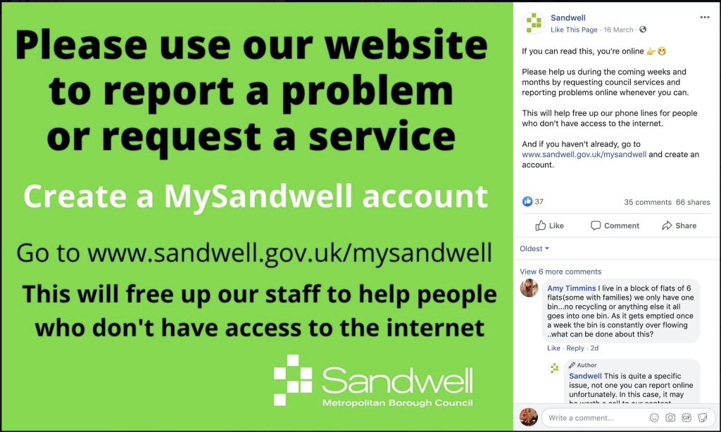 Sandwell Metropolitan Borough Council uses Facebook post to refer residents to their website.