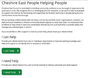 Cheshire East's website offers an "I can help" form and an "I need help" form. via buttons.