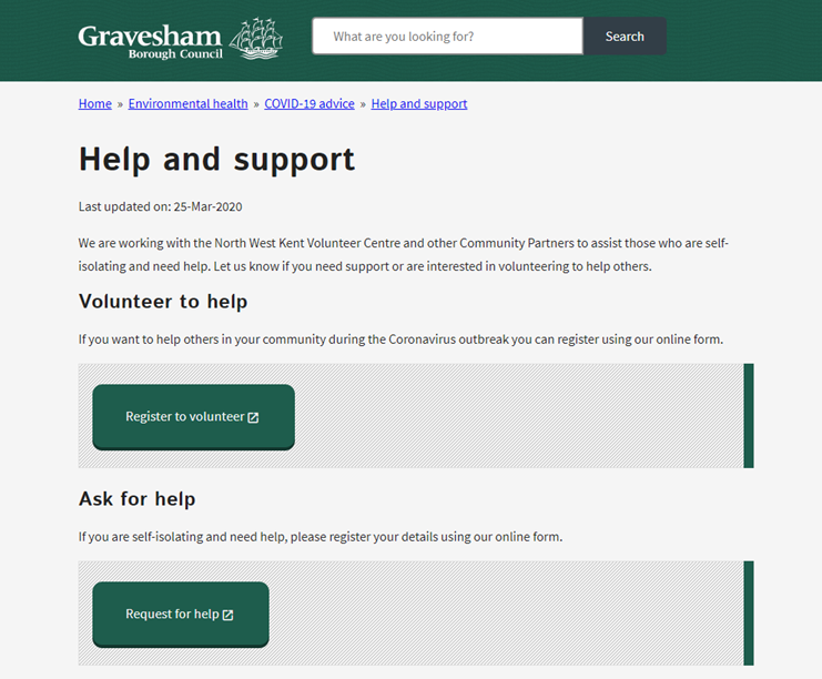 Graveshams website offers buttons to go to a "Register to Volunteer" form and a "Register for help" form.