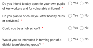 Kirklees' survey asks questions with the option or a yes or no response.
